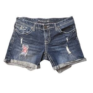 Maurices Jean Shorts Womens 9/10 Blue Dark Wash Distressed Cuffed Thick Stitch
